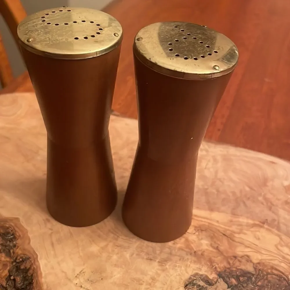 Vintage Wood and Brass Salt & Pepper Shakers